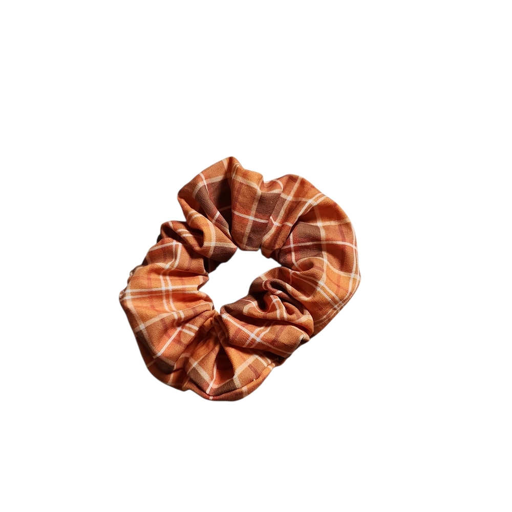 Handmade Plaid Cotton Scrunchie Orange Brown Tartan Autumn Fluffy Hair Tie